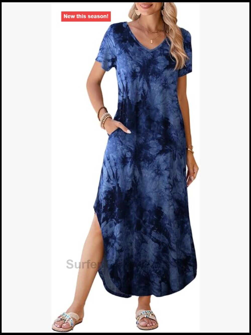Plus Size Maxi Dress with Pockets V Neck Short Sleeve Casual Flowy